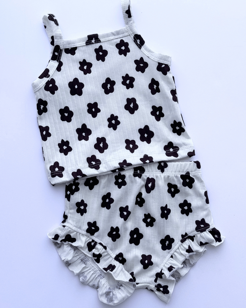 Luna Top and Bloomer Set - White with Black Flower
