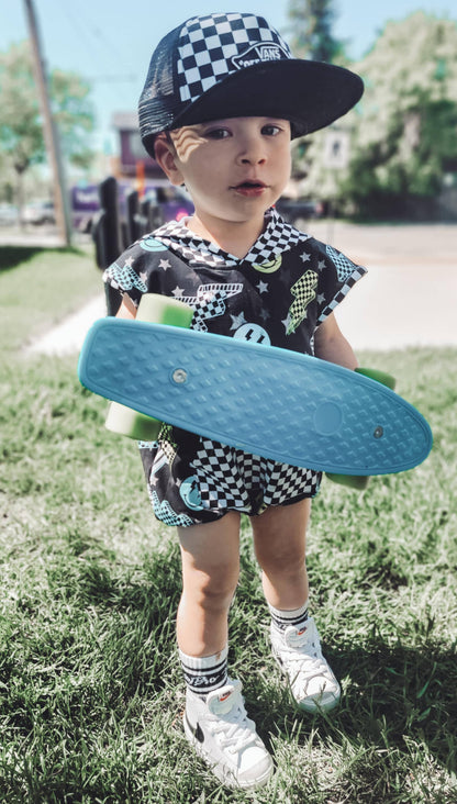 Boys Bubble Romper Hooded Pocket - Black Check Lightning