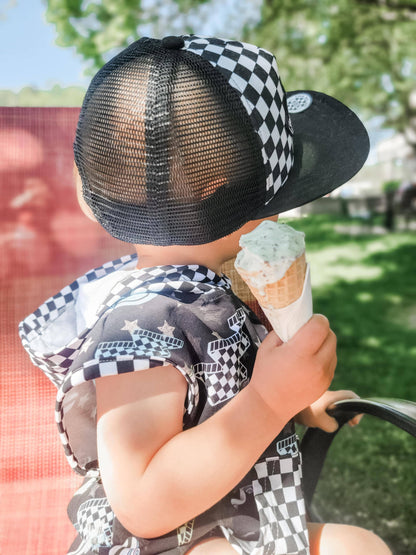 Boys Bubble Romper Hooded Pocket - Black Check Lightning