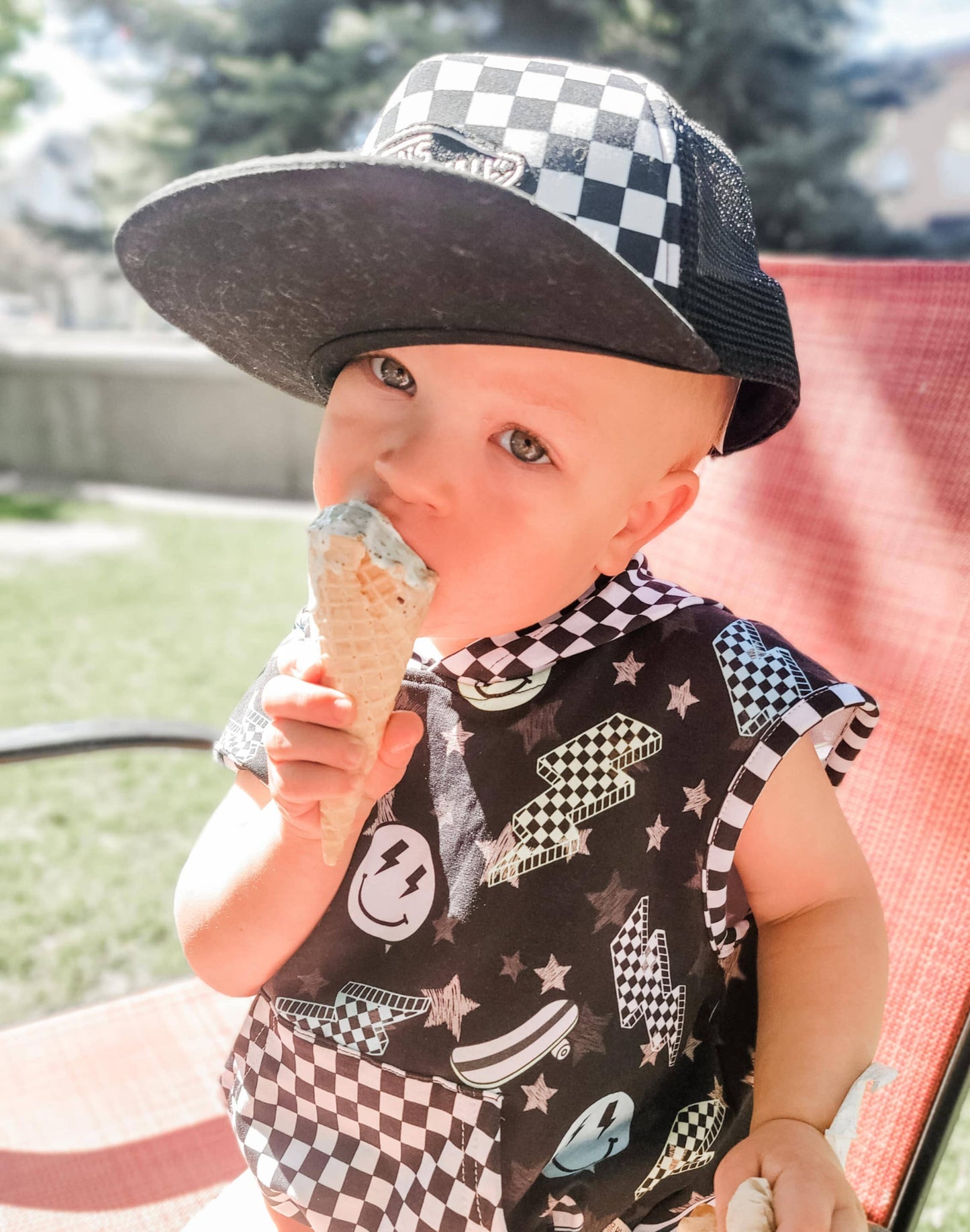 Boys Bubble Romper Hooded Pocket - Black Check Lightning