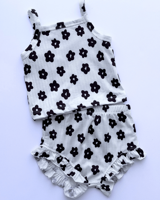 Luna Top and Bloomer Set - White with Black Flower