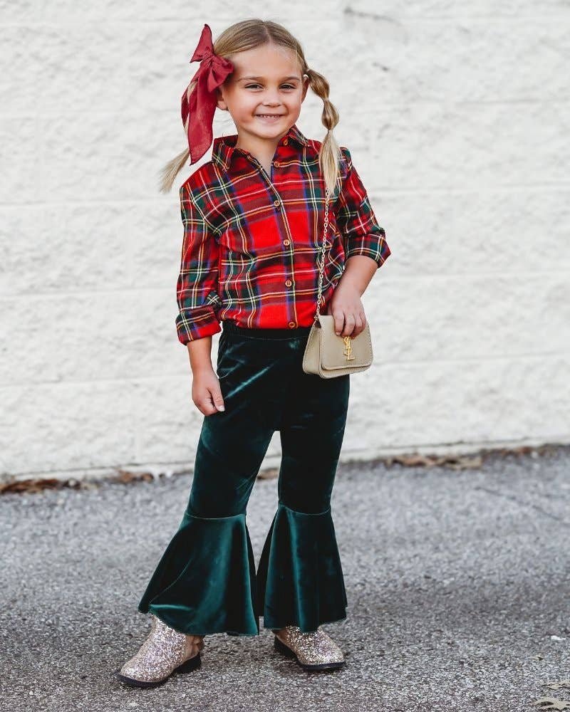 Lina Pleated Velour Bell Bottoms - Hunter