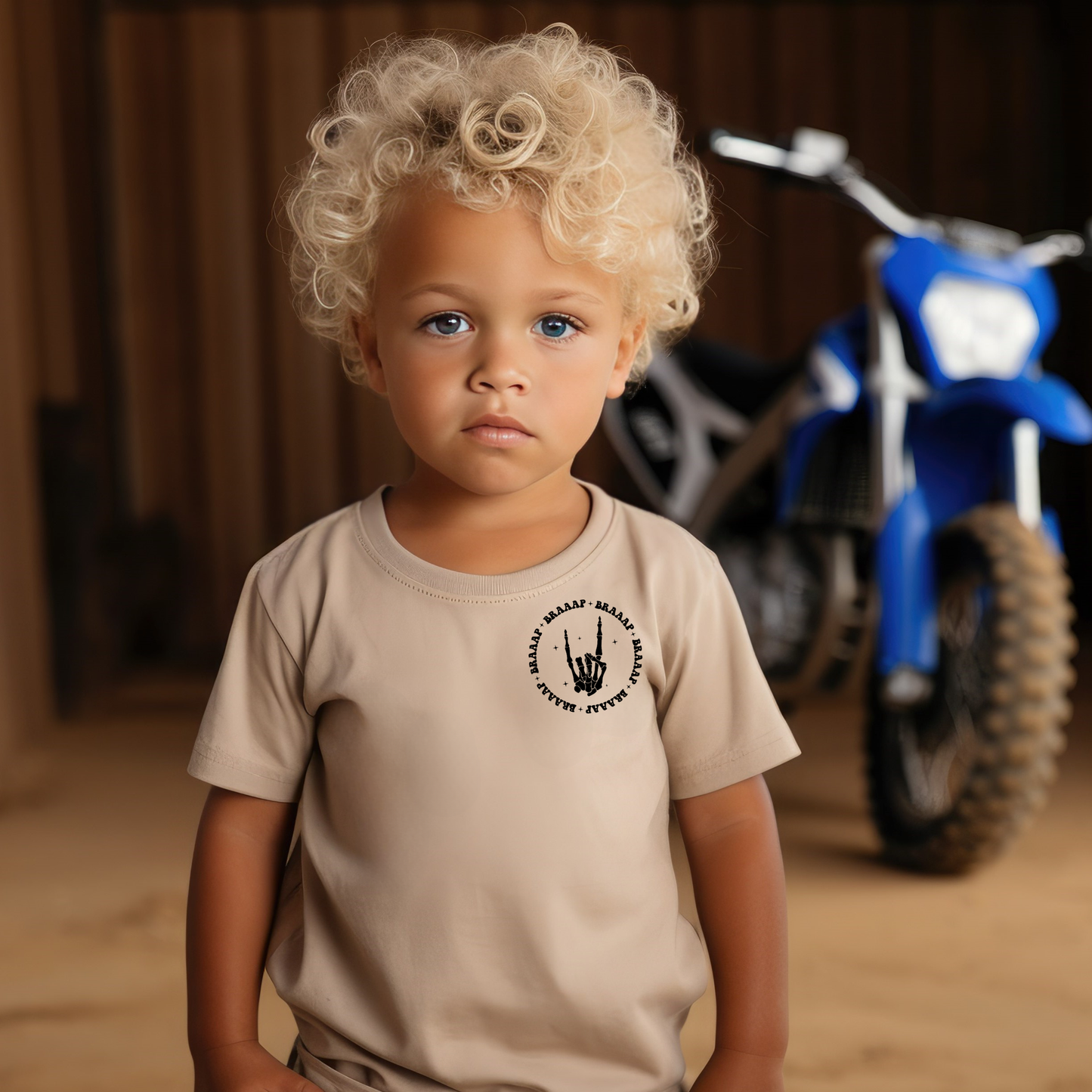 Toddler & Kids Braaap Skull Hand Tan Dirt Bike T-Shirt