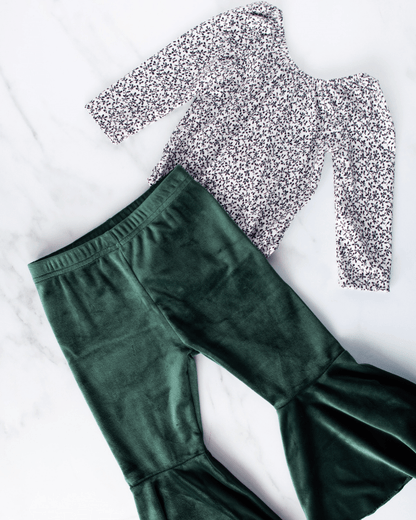 Lina Pleated Velour Bell Bottoms - Hunter