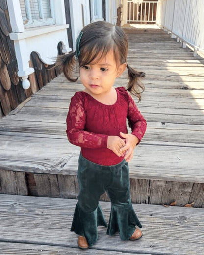 Lina Pleated Velour Bell Bottoms - Hunter