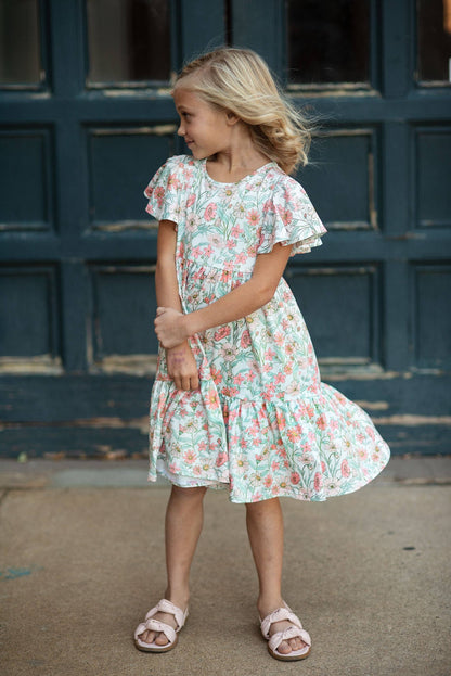 Kids Vintage Beige Floral Spring Flutter Sleeve Dress