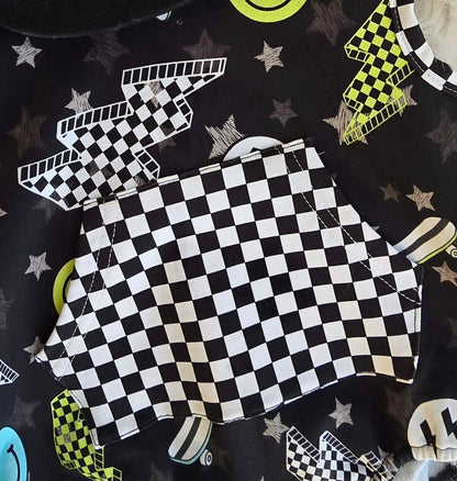 Boys Bubble Romper Hooded Pocket - Black Check Lightning