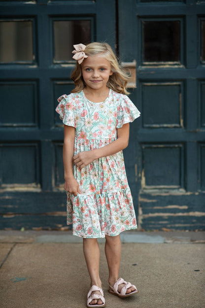 Kids Vintage Beige Floral Spring Flutter Sleeve Dress
