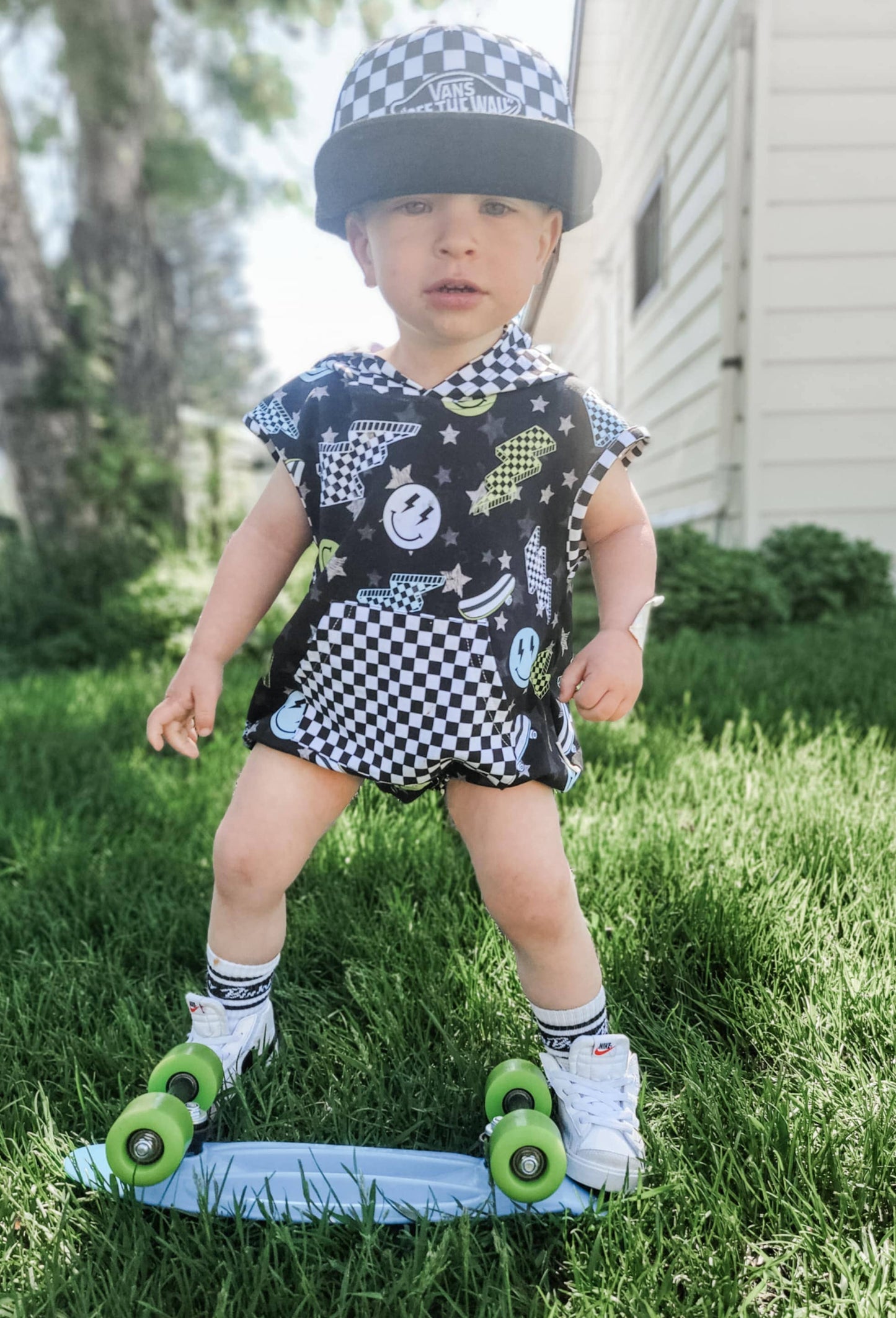 Boys Bubble Romper Hooded Pocket - Black Check Lightning