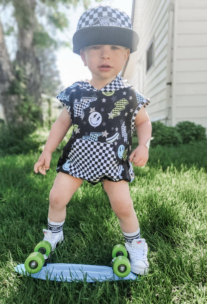 Boys Bubble Romper Hooded Pocket - Black Check Lightning