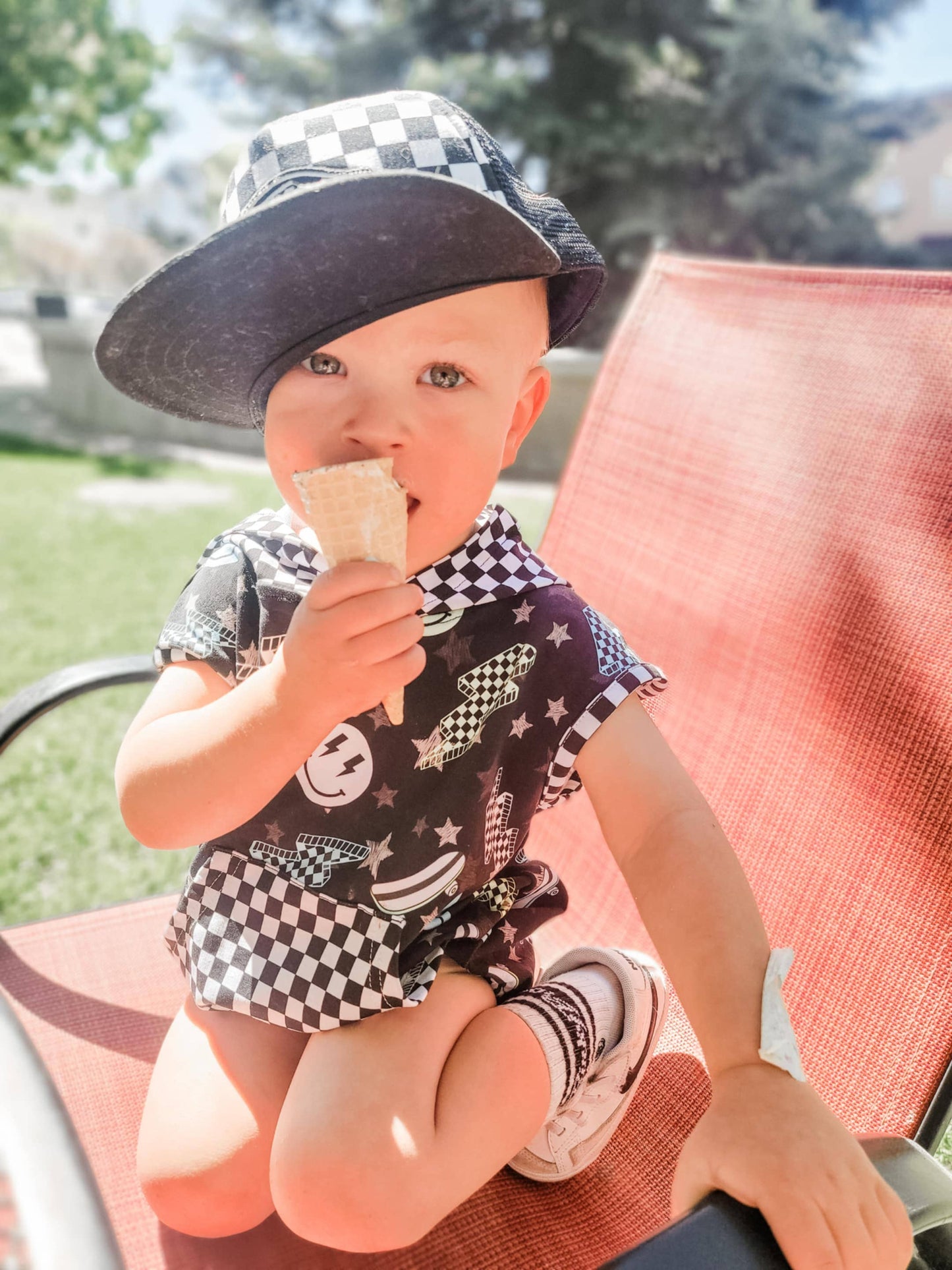 Boys Bubble Romper Hooded Pocket - Black Check Lightning