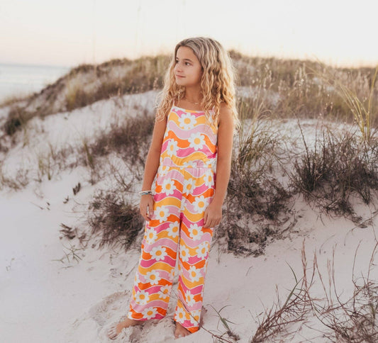 Kids Tangerine & Pink Retro Floral Jumpsuit With Pockets