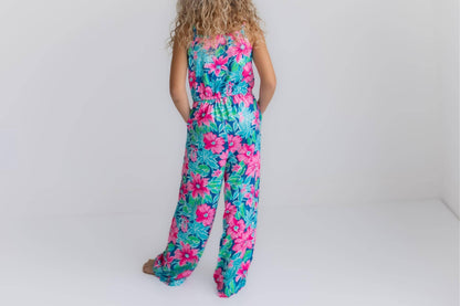 Kids Bright PinkTropical Spring Summer Jumpsuit With Pockets