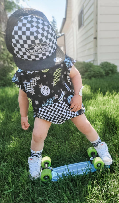 Boys Bubble Romper Hooded Pocket - Black Check Lightning