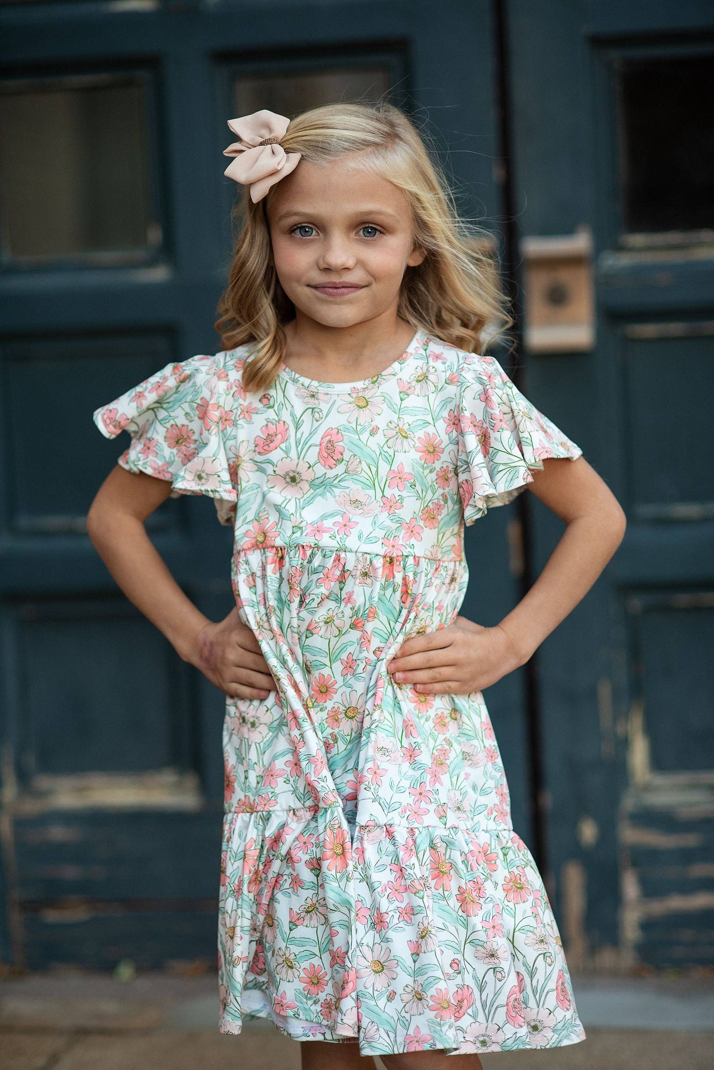 Kids Vintage Beige Floral Spring Flutter Sleeve Dress
