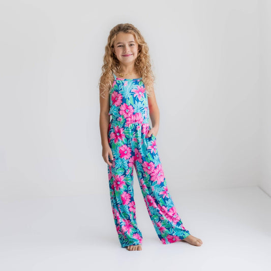 Kids Bright PinkTropical Spring Summer Jumpsuit With Pockets